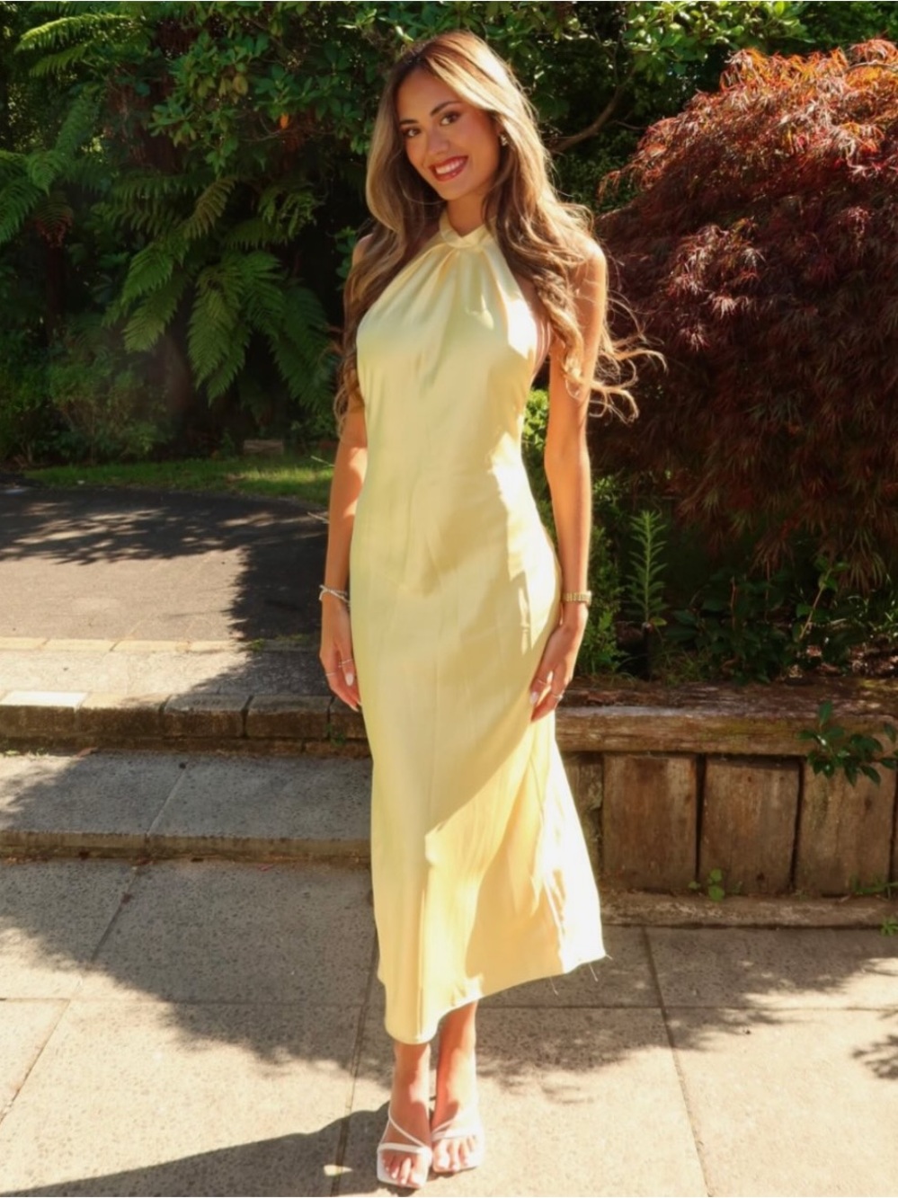 Elegant Yellow Halter Midi Dress - Women's Summer Dress